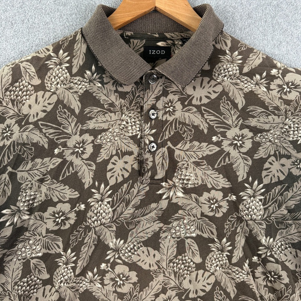 IZOD Polo Shirt Mens M Brown Tropical Pineapple Floral Hibiscus Short Sleeve